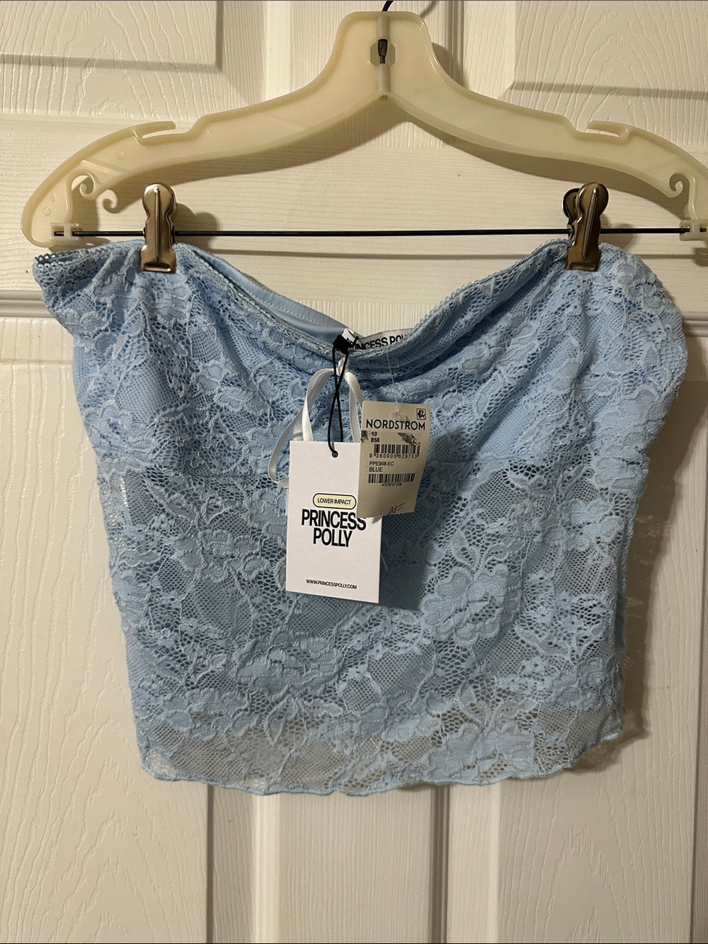 Princess Polly Baby Blue Lace Strapless Crop Top